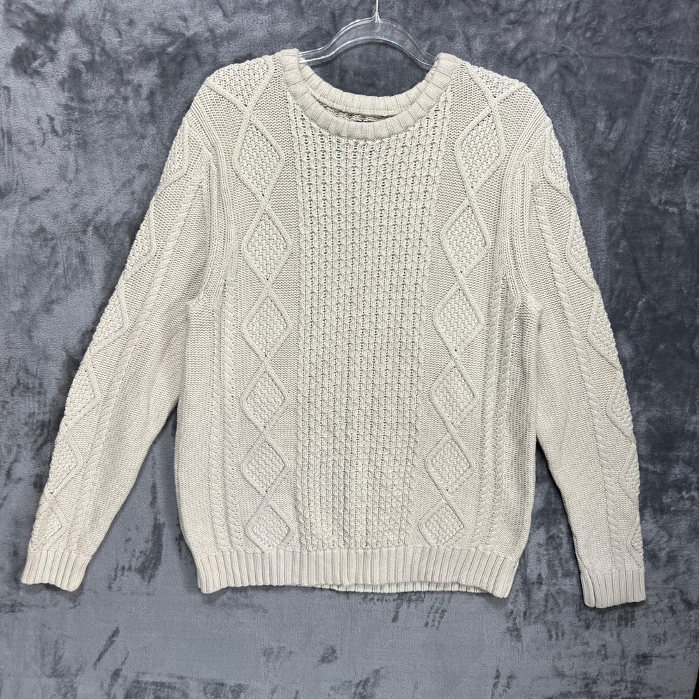 GH Bass Mens Cream Cable Knit Sweater 100% Cotton Fisherman Crewneck Large